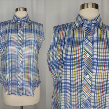 Vintage Seventies Fruit of the Loom Women's Sleeveless Plaid Collared Button Up Top - 70s Blue Plaid 34 Small/Medium Sleeveless Blouse 