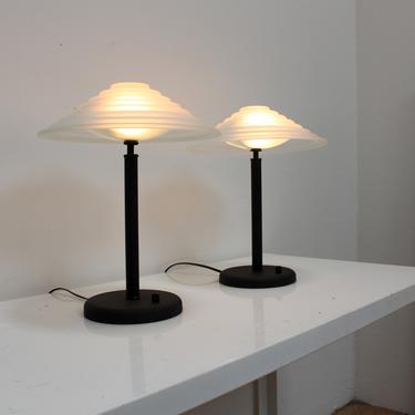 Pair 90s Bazz Table Lamp Postmodern Memphis Cast Iron Glass Halogen Vintage 