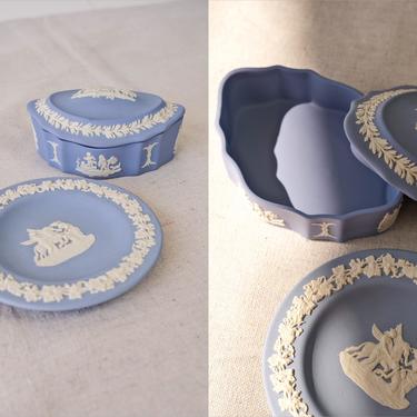 Vintage Wedgwood Soft Blue Jasperware Cherub Oblong Keepsake Box &amp; Plate Set | Made in England | Antique Greek Art Collectible Decor Set 