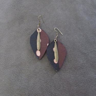 African print earrings, Ankara earrings, wood earrings, bold statement earrings, Afrocentric earrings, black brown earrings, batik earrings 