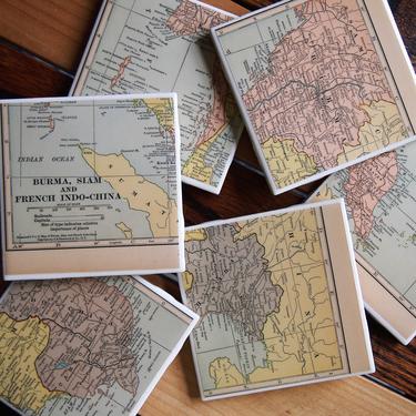 1931 Burma Siam French Indo-China Map Coaster Set of 6. Southeast Asia Map. Thailand Gift. Vietnam Map. Myanmar Gift. Laos Map Cambodia Gift 