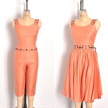Vintage 1950s Jumpsuit / 50s Cotton Playsuit with Matching Skirt / Orange ( S M ) 
