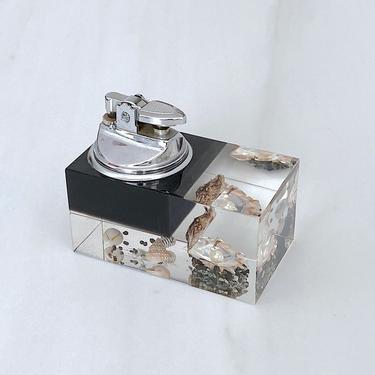 Vintage 1970s Lucite Cigarette Lighter with Trapped Seashells Design Modernist Japanese Japan 