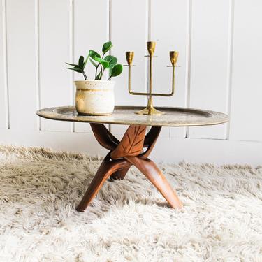 Gorgeous Large Round Vintage Engraved Brass Table Top with Wooden Folding Base 