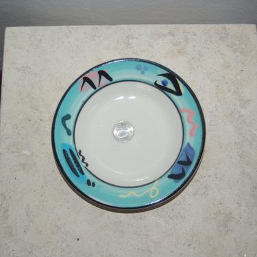 Debra Klausner Postmodern Art Pottery 6 5/8&amp;quot; Sky Blue Geometric Textured Frame Small Salad / Dessert Bowl ~ Klausner Colorful Porcelain Bowl 