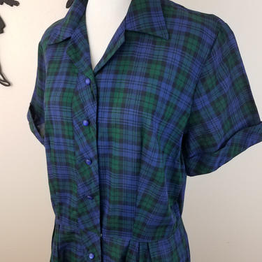 Vintage 1950's Shirt Waist Dress / 60s Plaid Print Day Dress XL 