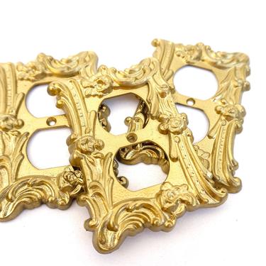 Vintage Hollywood Regency Art Nouveau Gold Metal Ornate Electrical Socket Plate Covers | Set of 3 