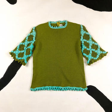 1960s Green and Blue Crochet Sleeve Short Sleeve Sweater Top / Open Knit / Olive Green / 60s / 70s / Mod / Floral / Phil Rose of California 