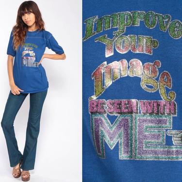 Graphic Shirt Improve Your Image Be SEEN WITH ME 80s Retro Tshirt Vintage T Shirt 1980s Slogan Joke Shirt Iron On Blue Small 