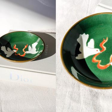 Vintage Forrest Green Enamel & Brass Trinket Tray w/ Hand Painted White Doves of Peace | Jewelry, Catch All, Bowl | Mid Century Brass Dish 