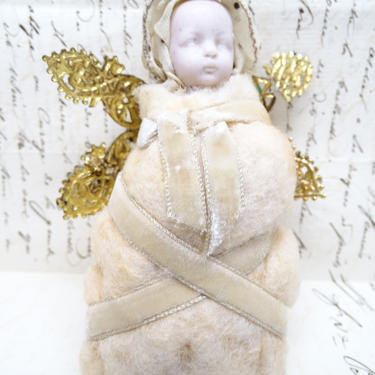 Antique French Baby Jesus Christmas Tree Ornament, Vintage for Nativity Creche or Putz, Gold Dresden Paper and Tinsel Halo Crown 