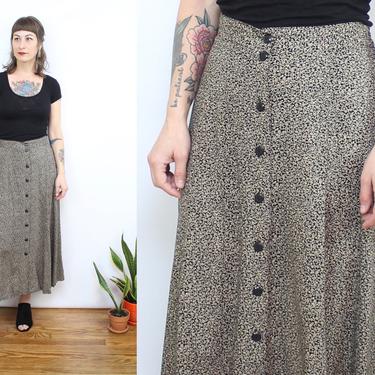 Vintage 90's Black and Beige Floral Midi Skirt / 1990's Button Front Minimalist Floral Skirt / Women's Size Medium 