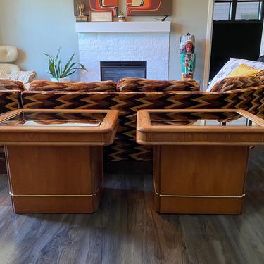 Set of 2 Vintage 80s Oak and Mirrored End Tables 