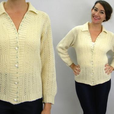 1950s Creme Knit Cardigan | 50s Button Front Wool Sweater | Medium 