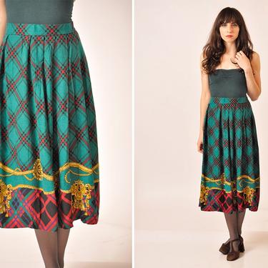90s Plaid midi Skirt with gold rope print detail SM 
