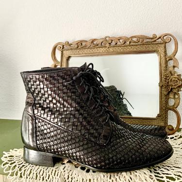 Woven Leather Lace Up Boots, Booties, Ankle, Sesto Meucci, Size 5.5 US 