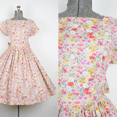 1980's Does 1950's Floral Print Cotton Sun Dress / Size Medium 