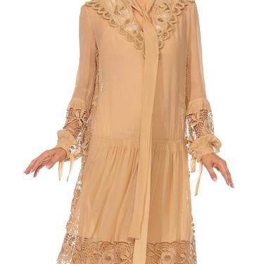 1920S Ecru Silk Chiffon  Lace Drop-Waist Flapper Era Day Dress 