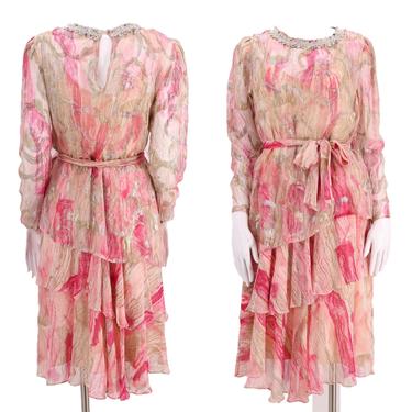80s SILK FARM chiffon lurex print dress 8 / vintage 1980s pink gold sheer evening cocktail dress gown 