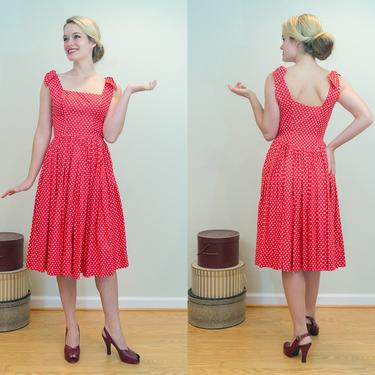 SALE PRICE 1950s Vintage Dress - Red and White Polkadot Dress with Shoulder Ties and Incredible Fitted Back! 