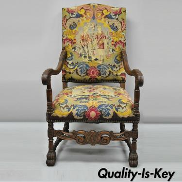 19th C. French Renaissance Needlepoint Upholstery Carved Walnut Throne Arm Chair