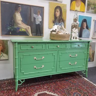                   Stunning Hollywood Regency Faux Bamboo Thomasville Dresser recently updated in mint paint