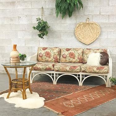 LOCAL PICKUP ONLY Vintage Couch Retro 1980s Creme + Woven Detail + Rattan Frame Indoor + Outdoor Couch with Removable Floral Print Cushions 
