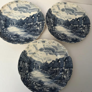 Vintage (3) Johson Bros England Blue Transfer ware &amp;quot;Olde English Countryside&amp;quot;  Salad or luncheon Plate -8&amp;quot; 