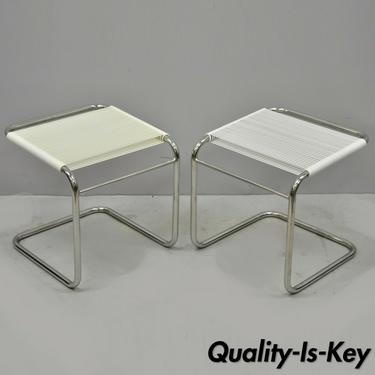 Pair of Mid Century Modern Chrome Cantilever Vinyl Rope Cord Stools Ottomans