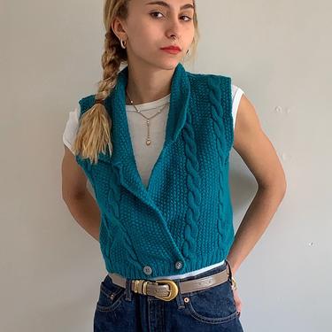 70s hand knit cropped sweater vest / vintage teal wool handknit sleeveless double breasted cable knit waistcoat sweater vest | XS S 