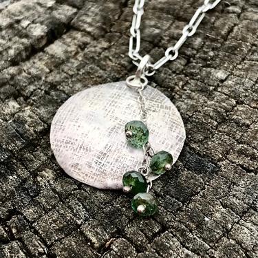 Sterling Pendant Necklace Silver Textured Medal Green Glass Beads Artisan Signed Jewelry 