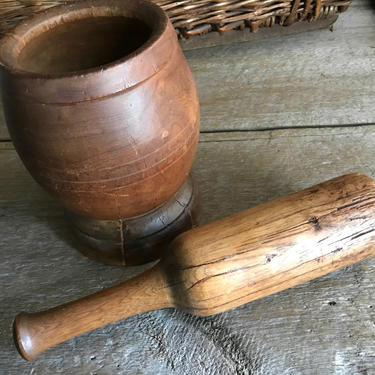 Antique Wood Mortar and Pestle, Handmade Primitive, Rustic French Country Farmhouse 
