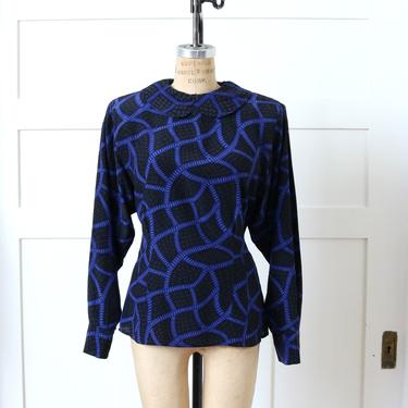 vintage 1990s silk blouse • abstract print charcoal & indigo blue dolman sleeve top with padded shoulders 