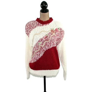 80s Abstract Sweater Women Medium, Red &amp; White Textured Knit Oversized Pullover, Embellished Appliqued Roses, 1980s Clothes Vintage Clothing 