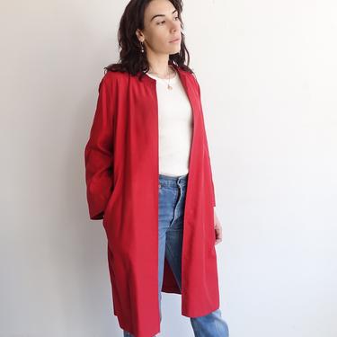 Vintage Max Mara Red Silk Open Front Swing Coat/ 1980s 1990s Minimalist Italian Designer Jacket/ Medium Large 