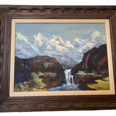 Framed Vintage Painting Signed Scenic Forest Mountains Calm Nature Water Foliage Greenery Blue Brown Green Mid Century Modern Deco Retro 