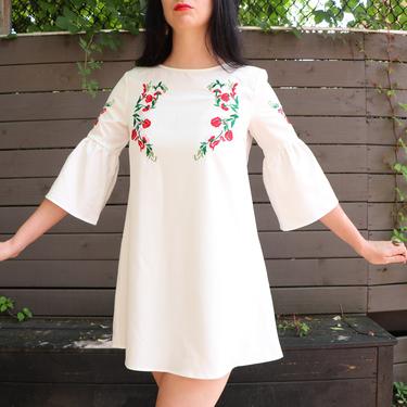 Vintage Wedding Dress/ 60's Style Mini Dress/ Embroidered Mayday Dress/ Midsommer Cult Dress/ Sexy Boho Dress/ Statement Sleeves/ Size Small 