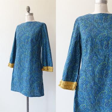 Vintage 60s Bell Sleeve Mini Dress with Fringe/ 1960s Paisley Mod Long Sleeve Dress/ Size Small 