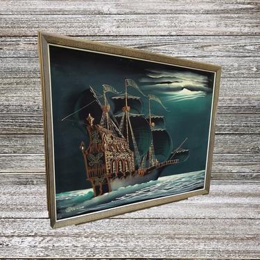 Vintage Ship Black Velvet Painting, Vintage Pirate Ship Painting, Viking Ship Nautical Battleship, Mid Century Modern, Vintage Home Decor 