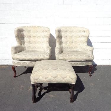 3pc Traditional Wingback Armchairs Chair Seating Vintage Chesterfield Chippendale Lounge Mid Century Modern English Wing 