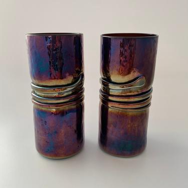 Pair of Artisan Hand Blown Purple Iridescent Carnival Art Glass Tumblers with Ribbon Accent, Unique Drinking Glasses 