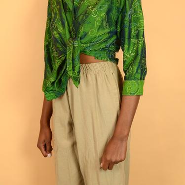 Vintage Silk Green Abstract Embroidered Button Down Collared Quarter Cuff Sleeve Shirt Blouse (Medium) 