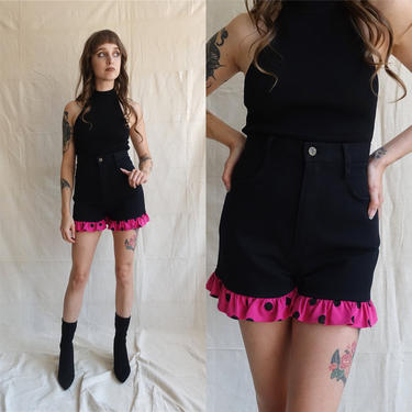 Vintage 80s Black Ruffle Shorts/ 1980s High Waisted Shorts with Polka Dot Pink Trim/ Size Small Medium 