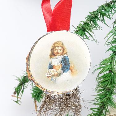 Early 1900's Victorian Double Scrap Christmas Ornament, Antique Boy and Girl with Tinsel Spray and Ribbon Hanger 