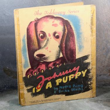 RARE! Johnny is a Puppy by Nettie King &amp; Erika Weihs - A Foldaway Picture Book by Duenewald Printing, 1945 - Gorgeous Children's Book Art 