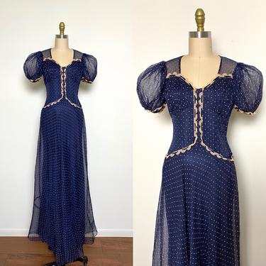 Vintage 1930s Bias Cut Gown 30s Dress Puff Sleeve Navy and Pink Dot 