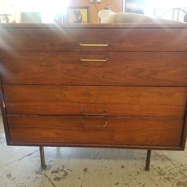 Vintage Mid Century Danish Modern Walnut 4 Drawer Brass Telescopic Legs and Hardware  All Original  Unfinished Chest of Drawers by Jens Risom Design Inc