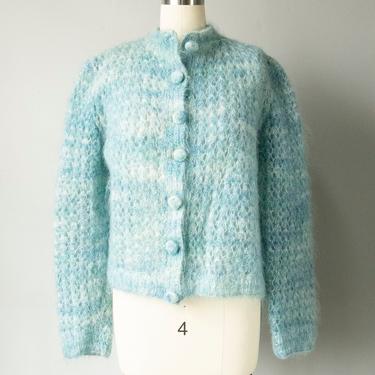 1960s Sweater Mohair Wool Aqua Knit Cardigan M 