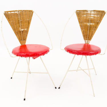 Arthur Umanoff Mid Century Modern Iron and Wicker Vanity Chairs - Matching Pair - mcm 
