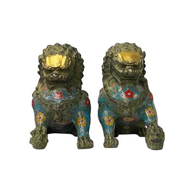 Chinese Pair Metal Blue Enamel Cloisonné Fengshui Foo Dog Figures ws1410E 